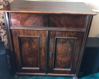 Lift top mahogany cabinet, circa 1880s. Likely Belgian & originally a washstand (38”L, 21”D, 38” high with top closed)