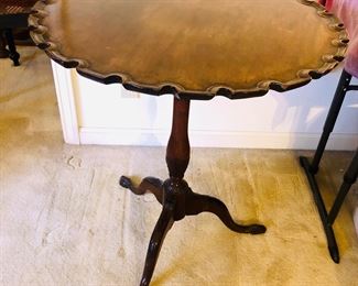 Mahogany pie crust edge tilt top table with bird cage movement. Top + bird cage circa 1760, stand is later - it’s newer but still antique. (As shown: 26” diameter, 29” high)