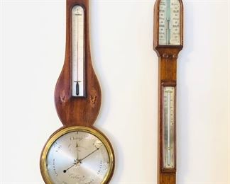19th century barometers - left one is by G. Biancha, Ipswich & has marquetry (inlay) on case; right one is a stick barometer by Negretti & Zambra, London - each approx. 36” long
