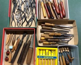 Just a few of the tools: pliers, chisels, lots of wood carving tools - includes a number of older English tools