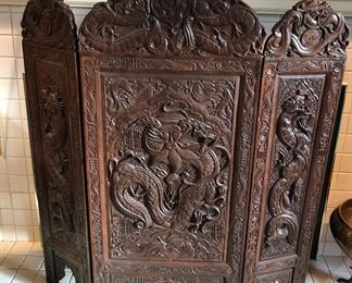 Carved 3-panel wood screen with dragons (43”H, 38” long when laid flat)