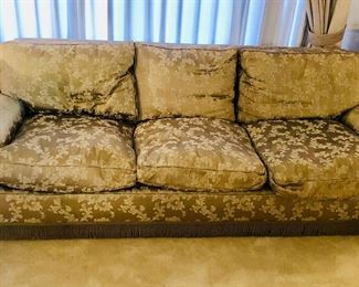 7 ft. sofa with feather/down cushions - color is less green & more tan in person (84”L, 36”D, 27”H at back)
