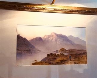 Framed watercolor by Edwin A. Penley (British 1826-1893), signed & dated 1873 in lower left. (Sight 9” x 19”, framed 22” x 32” - with attached light at top) 