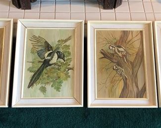 Paintings of birds on board by E. Davies, framed size 13” x 17”