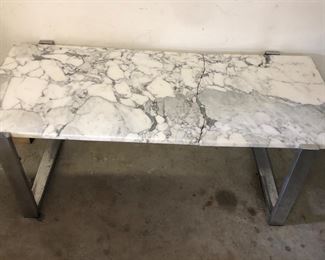 Mod marble top table with chrome base - marble is cracked completely in half  (43”L, 18.5”D, 15”H)