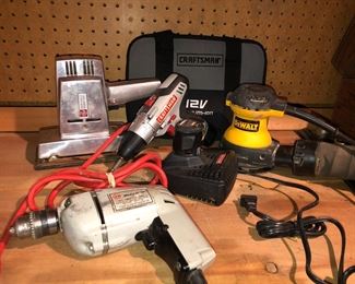 Power tools: GE sander, Craftsman Nextec 12V cordless drill/driver with batteries & charger, DeWalt sander, Black & Decker drill