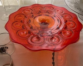 L.E. Smith Glass - Amberina Glass - Moon and Stars Pedestal Cake Plate. 