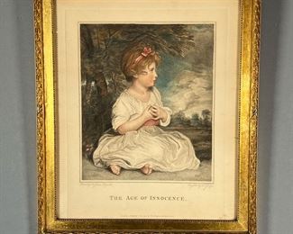 SIR JOSHUA REYNOLDS (1732-1792)  |  18th century English print, titled “The Age of Innocence” depicting a young girl in countryside, matted in a gilt frame.