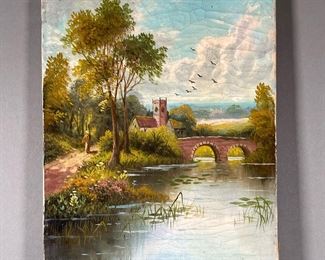 ANTIQUE OIL PAINTING ON STRETCHED CANVAS  |  Landscape / riverscape painting, depicting a riverside country scene with stone bridge, church, and various flora & fauna; unframed, apparently unsigned.