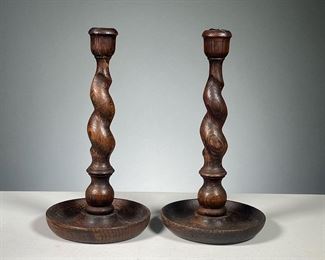 (2PC) PAIR BARLEY TWIST CANDLESTICKS  |  Turned wood candlesticks, early, probably oak.