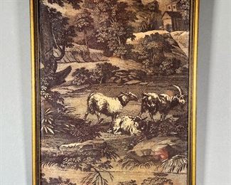EMBROIDERED FARM SCENE  |  Showing goats among rolling hills and floral & fauna, with a small farmhouse in background; in a gilt frame.