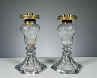 (2PC) PAIR GLASS OIL LAMPS  |  Glass oil lamps with etched decoration. 