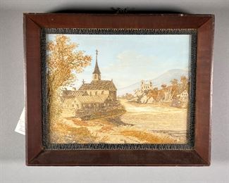 19TH CENTURY SILK WORK IN SHADOW BOX  |  Early 19th century showing a riverside church in a French countryside, with inscription on verso.