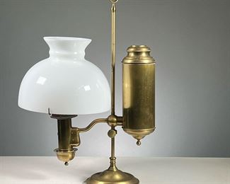 ORIGINAL BRASS STUDENT LAMP  |  GERMAN STUDENT LAMP CO., adjustable height lamp marked "IMPERIAL" with original oil flask and wick, having a milk glass lamp shade. Dimensions: w. 11 x h. 20.5 in