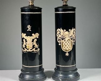 (2PC) PAIR HERALDIC REVERSE GLASS LAMPS  |  Reverse painted black lamps with heraldic devices of knight & shield crest and seal with the words “Ducit Amor Patria” with gilt accents.