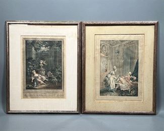 (2PC) PIERRE-ANTOINE BAUDOUIN (1723-1769)  |  Pair of 18th century erotic French prints by P.A. Baudouin, colored prints titled “Le Midi” & “Le Curieux” - 10.5 x 14.5 in (sight).