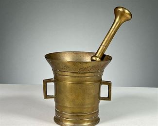 APOTHECARY BRASS MORTAR & PESTLE  |  Brass mortar and pestle traditionally used for medicine, with side handles. 