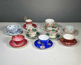 (9PC) FINE CUPS & SAUCERS  |  Nine pairs of cups and saucers, most fine China with intricate decoration and gilt highlights, including Bavaria Germany,  Pirken Hammer, and others