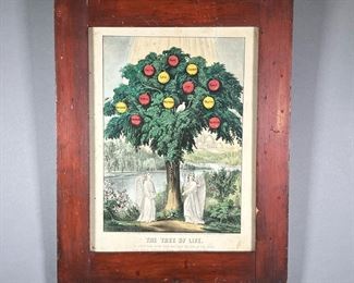 CURRIER & IVES TREE OF LIFE PRINT  |  Color lithograph showing two angels underneath the “tree of life” with Bible verse on bottom, c. late 19th century.