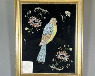 19TH C. TINSEL WORK  |  Victorian tinsel work of a bird among flowers in a gilded frame. 