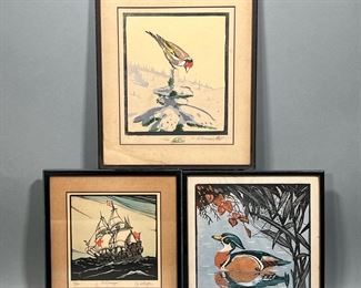 (3PC) BIRDS & ENGLISH SHIP WOODBLOCKS  |  Woodblock prints, including a duck swimming (ed. 30/200) and a bird atop snowy pine tree (ed. 12/200) with a green cricket insignia, each pencil signed; plus a British ship “The Revenge” also numbered and signed lower margin with VNV blind stamp, ed. 67/100