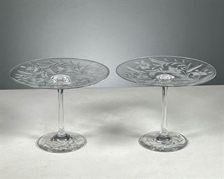 (2PC) BLOWN & CUT GLASS COMPOTES  |  A pair of blown & cut glass compotes with floral decoration around the rims and bases. 