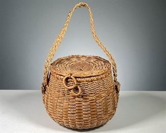 SILETZ BASKET | Antique handwoven basket with woven strap. Dimensions: h. 5.5 x dia. 7 in (basket only)