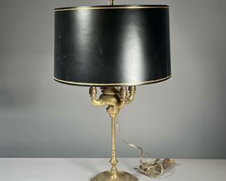 ANTIQUE BOUILLOTTE LAMP |  Antique Brass Bouillotte table lamp with black and gold tole lampshade
Dimensions: h. 25 x dia. 13 in