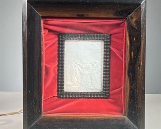 FRAMED LIGHTBOX ART  |  Framed lightbox with shadow relief of a religious scene with Jesus, within a red velvet "mat". 