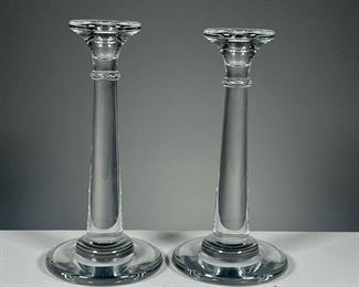(2PC) PAIR GLASS CANDLESTICKS  |  Pair of eloquent blown glass candlesticks. Dimensions: h. 9.5 x dia. 4.5 in
