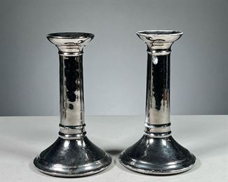 (2PC) PAIR MERCURY GLASS CANDLESTICKS  |  Ceramic candlesticks with a silver mirror finish. Dimensions: h. 7 x dia. 4 in