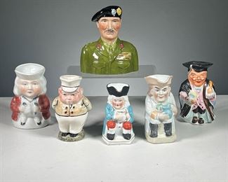 (6PC) SMALL TOBY JUGS  |  Toby jugs including a professor, a milk man, and a British portrait jug of Lord Montgomery, English General by Wood & Sons. 