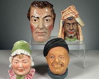 (4PC) ASSORTED CERAMIC HEADS & JARS |  Includes: 1 ceramic head with closing metal top, a Bossons figure of an older fisherman head, 1 jar in the form of a young woman in a bonnet with removable top, and 1 Arab figure with removable top and storage compartment. 