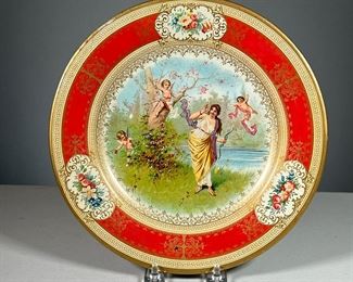 METAL VIENNA ART PLATE |  Features nature scene with cupids, with Greek Key and floral decorated border.