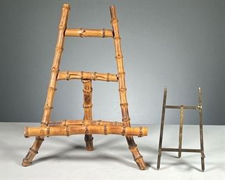 (2PC) TABLETOP EASELS  |  Including a bamboo easel with full shelf and splayed legs and a small brass easel. 