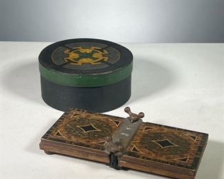 (2PC) WOODEN BOOK PRESS & SMALL BOX   |  A faux grain / inlay painted wooden book press and a small round lidded box painted with Celtic device. 