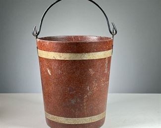 FRENCH FIREMAN’S BUCKET  |  Wrapped fireman’s bucket, dark red color with two light stripes and a metal bail handle, impressed stamp mark on the bottom. 