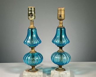 (2PC) PAIR BLUE GLASS LAMPS  |  Hand blown blue glass lamps with white stone bases. 
