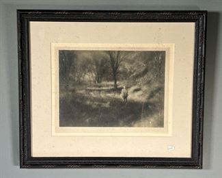OLD PICTURE OF HUNTER ON QUAIL HUNT  |  Depicts a lone hunter on quail hunt, with a hand-written personal note from the subject Harold on verso and with Cornell Gallery label - 10.75 x 8.75 in. (sight). 