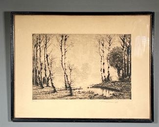 LAKESIDE ETCHING, SIGNED |  Ed. 1/100, etching of a woodsy lakeside, pencil signed indistinctly lower right and numbered lower left. 