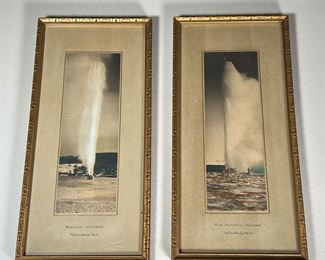 (2PC) ANTIQUE PICTURES OF YELLOWSTONE GEYSERS  |  Early color photographs, including "Old Faithful Geyser" and "Beehive Geyser" in matching gilt frames with Haynes blind stamp to one mat. 