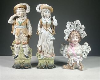 (3PC) BISQUE FIGURES  |  Including pair of German painted bisque figures of a man and woman, and a bust of a woman in a bonnet.