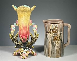 (2PC) MAJOLICA POTTERY  |  Including a flower vase shaped like a lily with mosaic stone base and flower handles, and marked "Vance F. Co." pottery pitcher decorated with daffodils. 