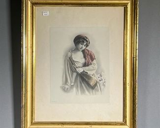 COLOR PRINT OF YOUNG WOMAN WITH LUTE |  Early 20th century colored print of a young woman with lute and red scarf in gilt frame - 7 x 9 in (sight). 