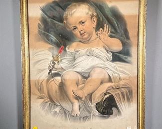 COLOR LITHOGRAPH: BABY WITH PEARLS  |  Signed "Julien” and titled “Large study with two pencils No. 117” showing a baby wearing pearls and holding a fancy rattle. 