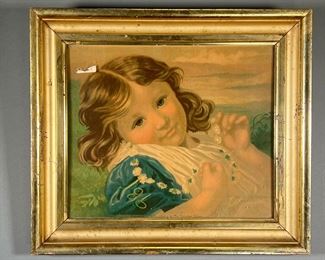 AMERICAN SCHOOL PRINT | "Presented to Subscribers to The Christian Union," late 19th or early 20th century color print on textured paper of a young girl in dress with daisies in a chain, in a gilt frame.