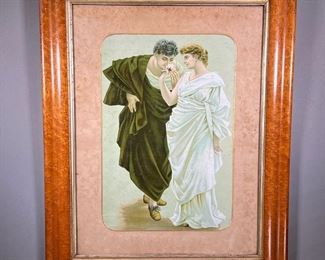 ANTIQUE COUPLE PRINT  |  Color print of man and woman in togas smelling a rose together, in a wood frame, with J. Fisher, Bristol frame manufacturer label on verso - 12.5 x 18 in (sight). 