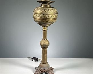 19TH CENTURY ELECTRIFIED OIL BANQUET LAMP  |  Electrified brass oil table lamp, no shade. Dimensions: h. 21 x dia. 6 in