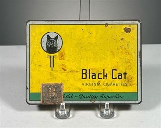 BLACK CAT VIRIGINIA CIGARETTE TIN | Tin box for Black Cat Cigarettes with excise tax sticker. Dimensions: l. 4.5 x w. 6 x h. 0.5 in