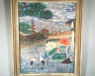 T. HORIMOTO JAPANESE PAINTING |  Oil on canvas, depicts the countryside with pond, flowers, waterfall and tree orchard. Dimensions: w. 18.25 x h. 22.25 in
